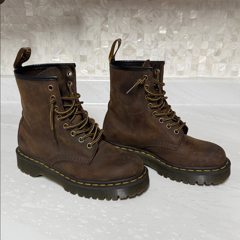 Dr. Martens Brown Leather Combat Boots with Yellow Welt Stitching